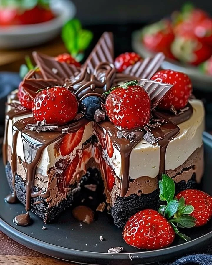 Delicious Chocolate Strawberry Swirl Cheesecake with rich chocolate and fresh strawberries.