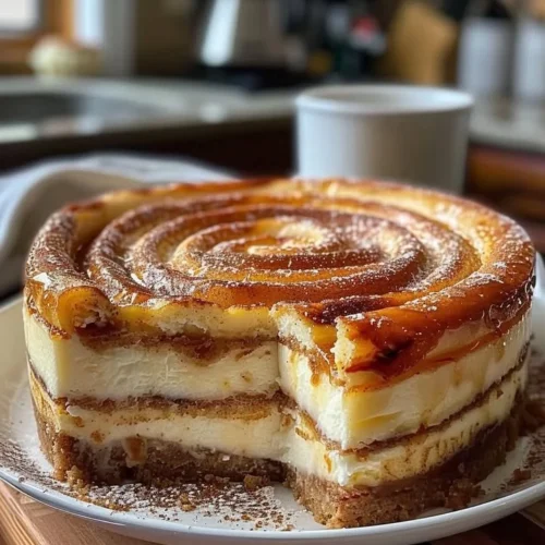 Delicious Cinnamon Roll Honeybun Cheesecake with swirls of cinnamon and cream cheese