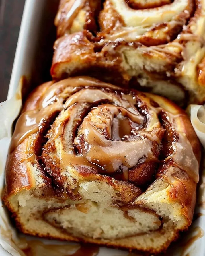 Loaf of freshly baked cinnamon swirl bread on a wooden table