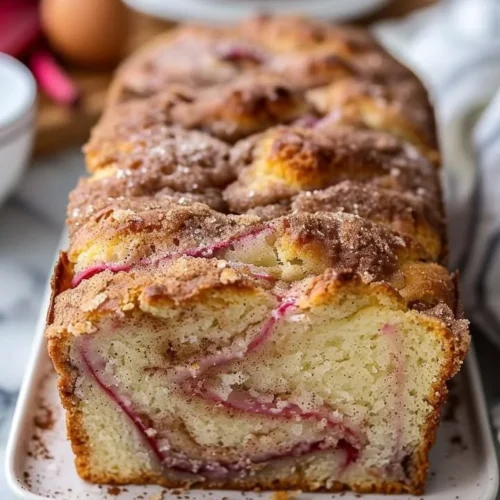 Delicious cinnamon swirl rhubarb bread on a wooden cutting board