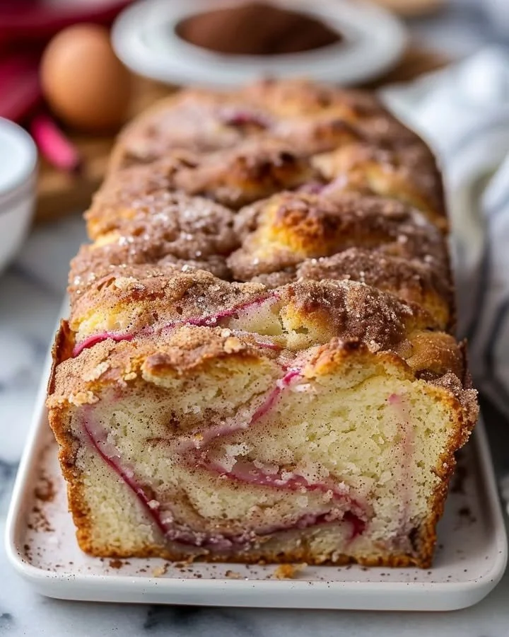 Delicious cinnamon swirl rhubarb bread on a wooden cutting board