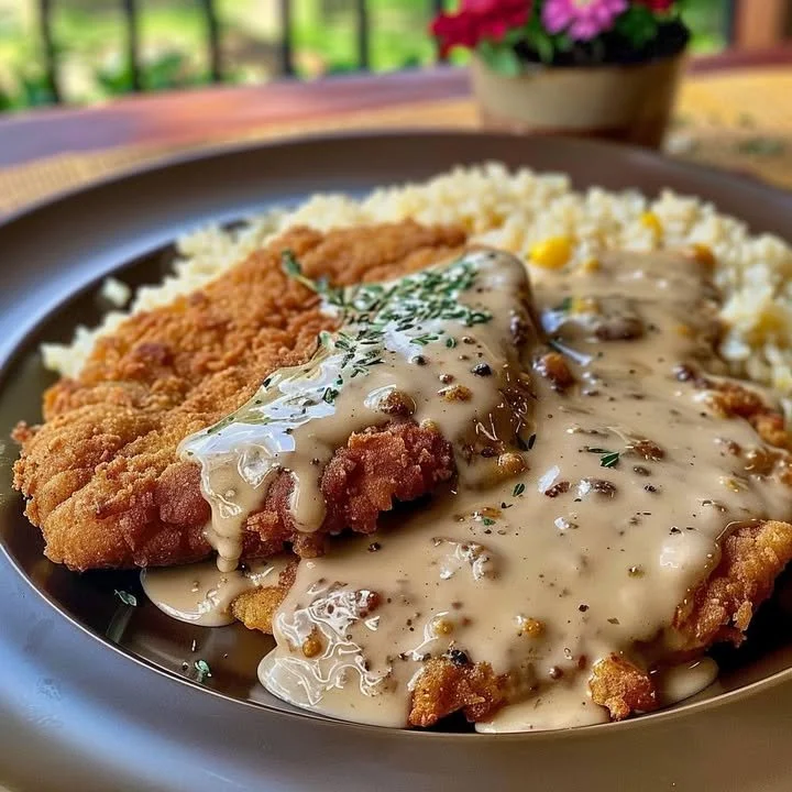 Delicious classic chicken fried steak served with creamy gravy and sides