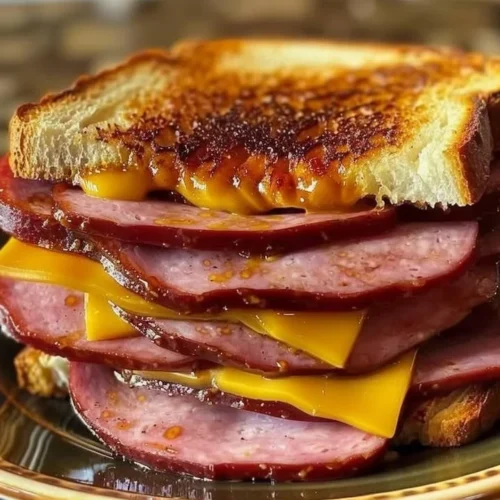 Delicious classic fried bologna served on a plate with toast and toppings