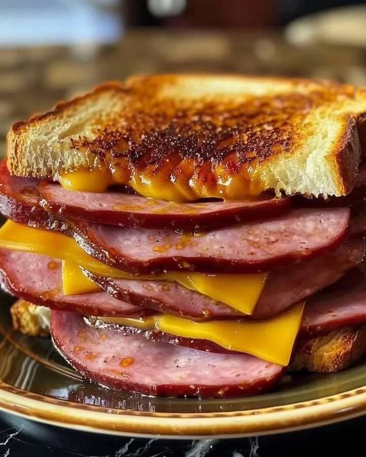 Delicious classic fried bologna served on a plate with toast and toppings