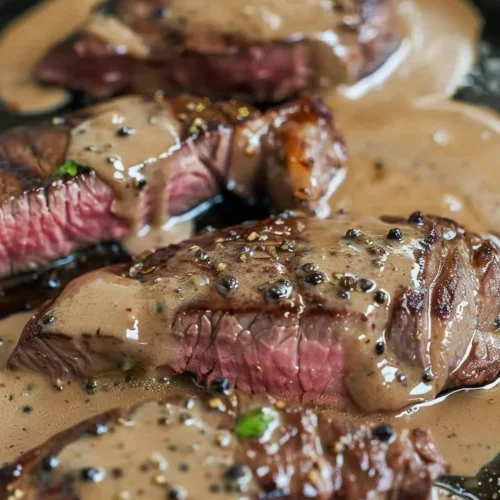 Delicious classic peppercorn steak served with a creamy sauce and garnished with herbs.