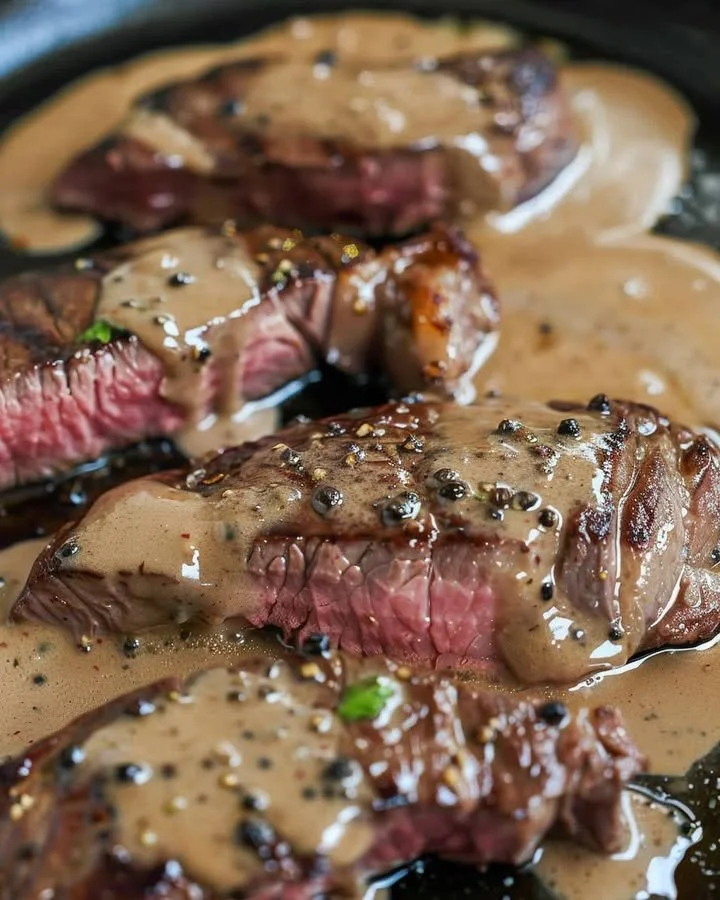 Delicious classic peppercorn steak served with a creamy sauce and garnished with herbs.