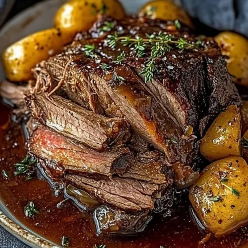 Classic slow cooker pot roast served with vegetables and gravy