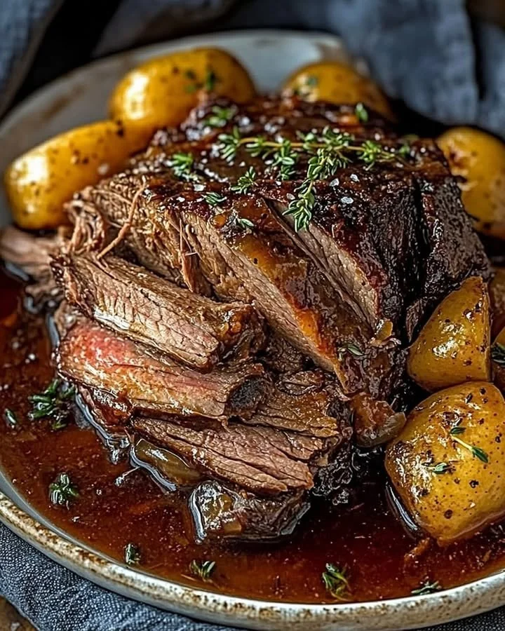 Classic slow cooker pot roast served with vegetables and gravy