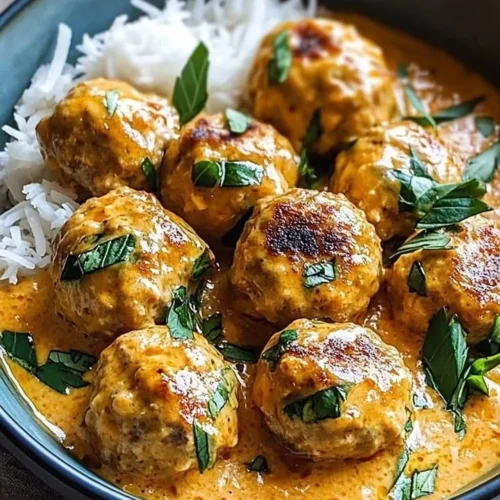 Plate of juicy coconut chicken meatballs topped with herbs and served with dipping sauce.