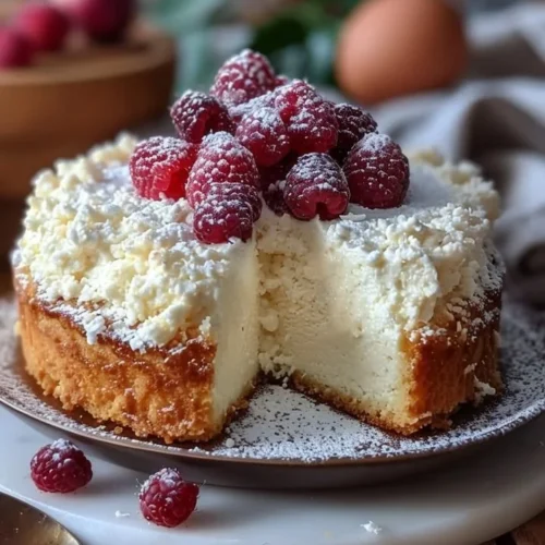 Slice of Coconut Ricotta Cream Cake topped with shredded coconut and berries