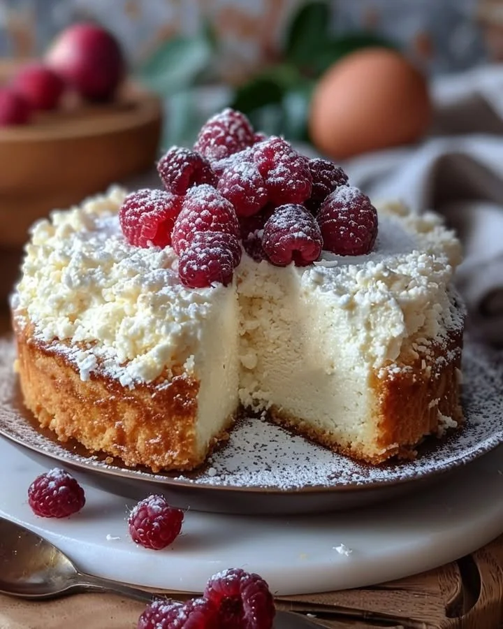 Slice of Coconut Ricotta Cream Cake topped with shredded coconut and berries