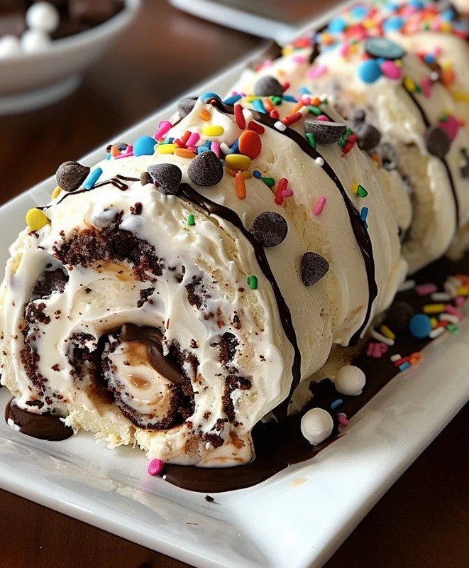 Delicious cookie dough ice cream cake rolls with chocolate chips