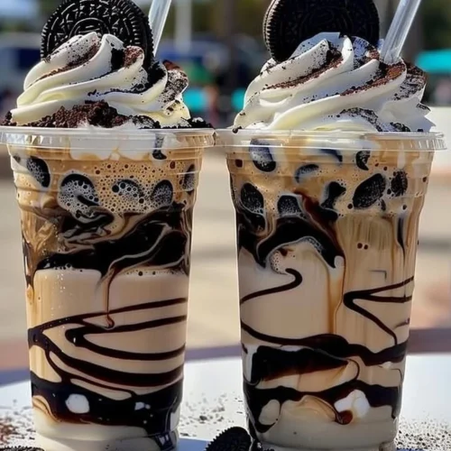 Delicious Cookies & Cream Frappuccino topped with whipped cream and chocolate drizzle