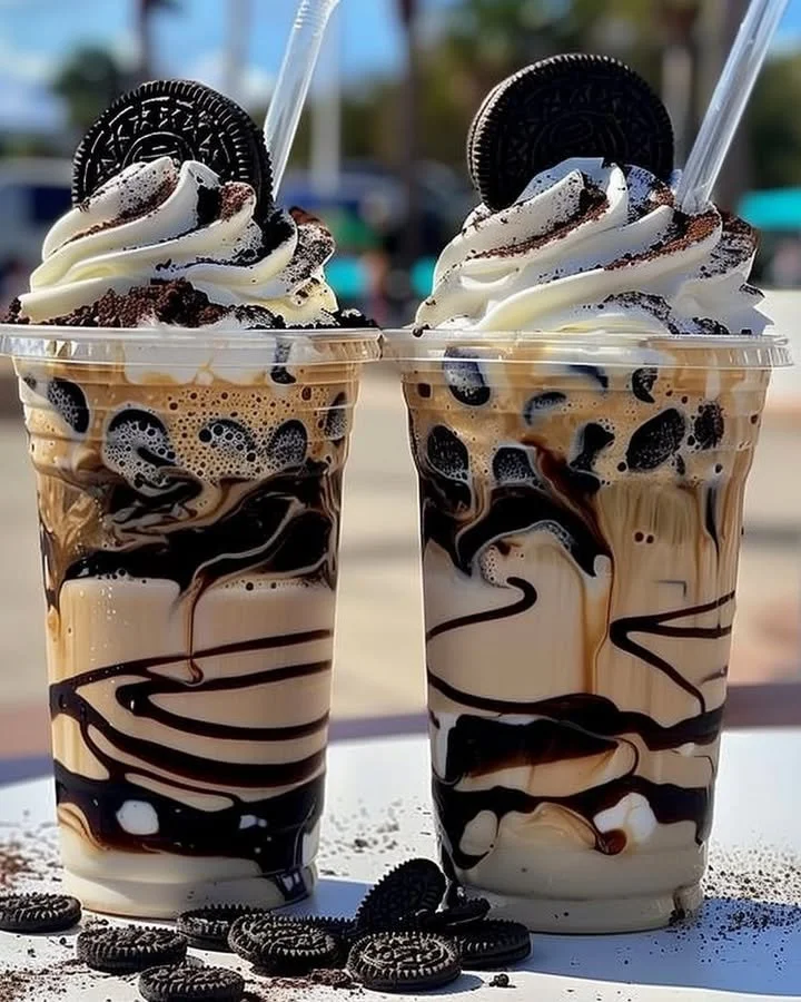 Delicious Cookies & Cream Frappuccino topped with whipped cream and chocolate drizzle