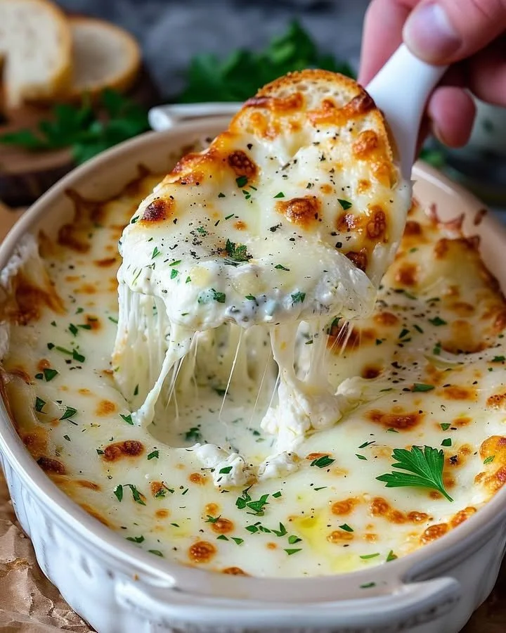 Creamy smoked mozzarella fondue served with bread for dipping
