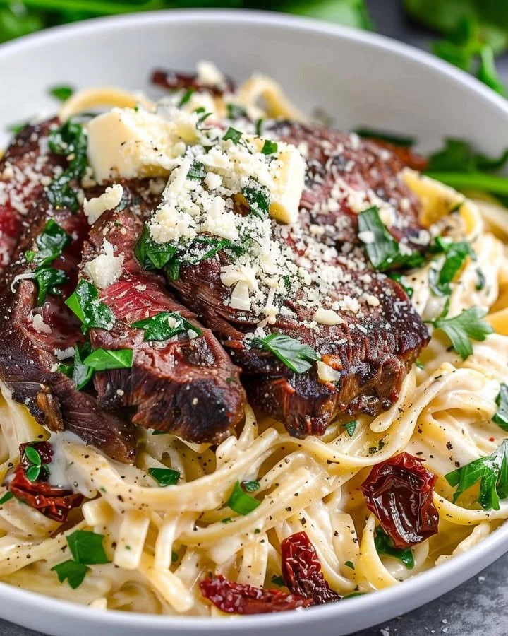 Delicious Steak Gorgonzola Alfredo with creamy sauce and tender steak slices