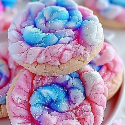 Colorful cotton candy cookies topped with pastel sprinkles on a plate