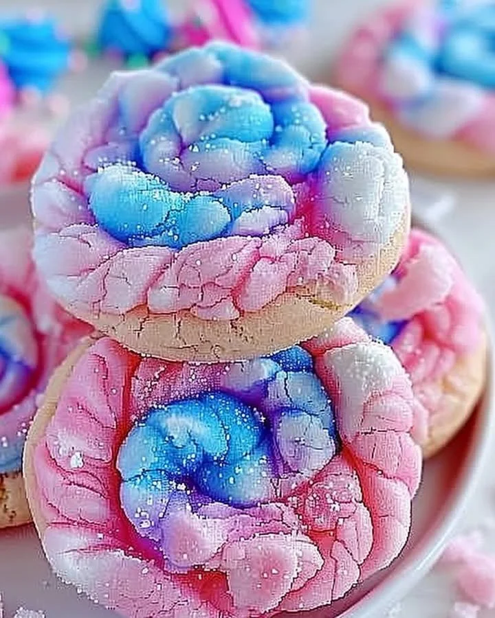 Colorful cotton candy cookies topped with pastel sprinkles on a plate