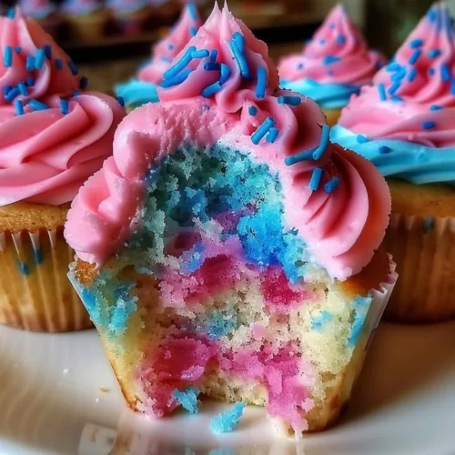 Delicious cotton candy cupcakes topped with pastel frosting and sprinkles.