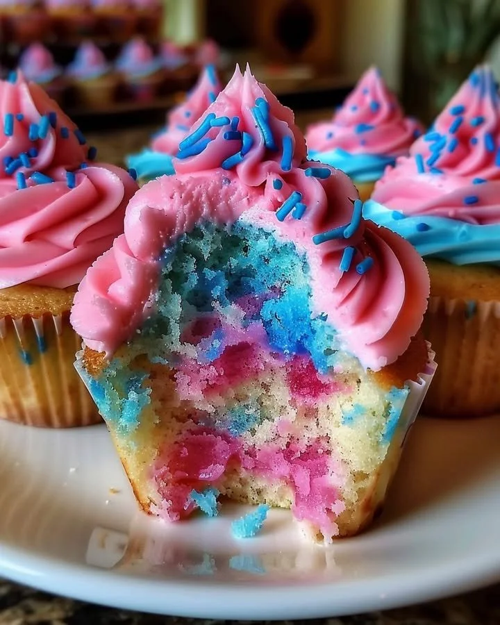 Delicious cotton candy cupcakes topped with pastel frosting and sprinkles.