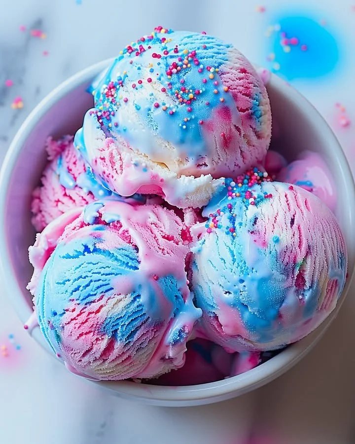 Delicious cotton candy ice cream served in a colorful bowl.