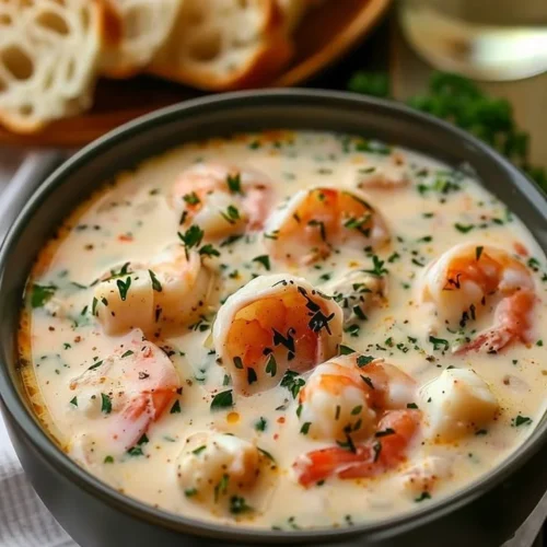 Delicious crab and shrimp seafood bisque served in a bowl with garnish.