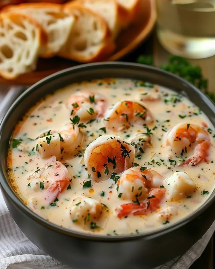 Delicious crab and shrimp seafood bisque served in a bowl with garnish.