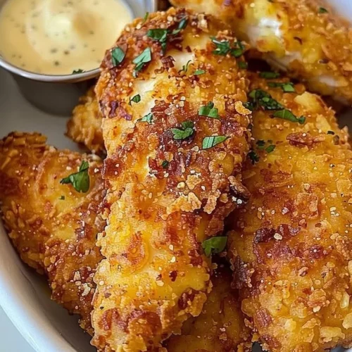 Delicious Crack Chicken Tenders served with dipping sauce on a plate