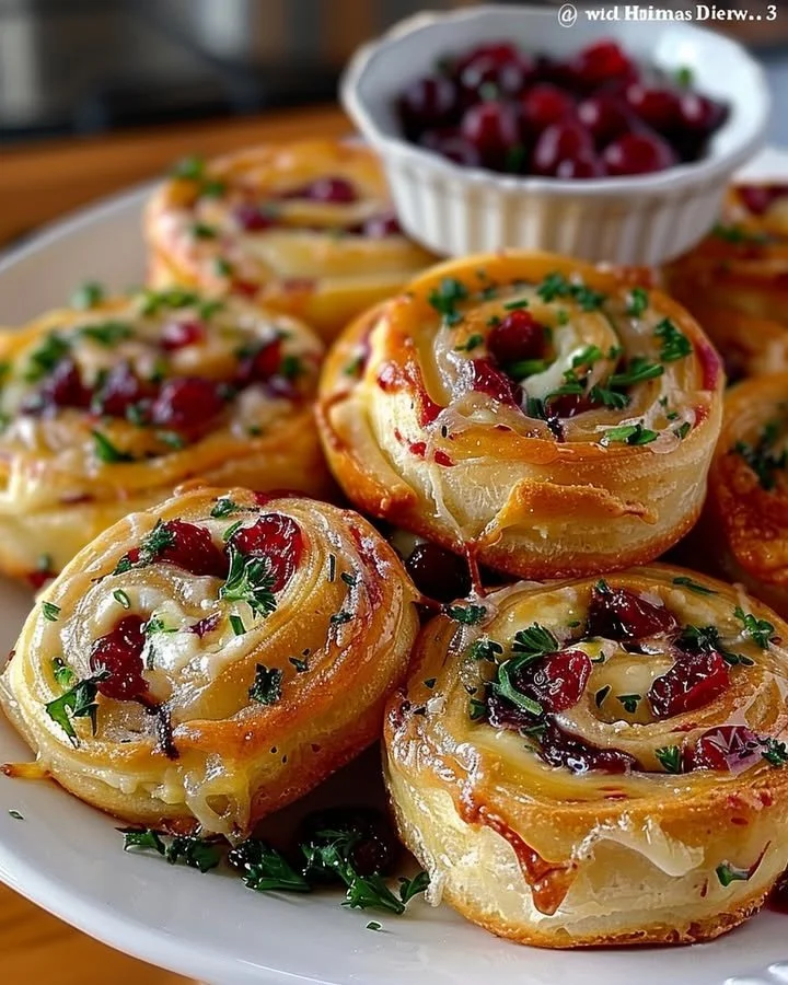 Cranberry Feta Pinwheels filled with Cream Cheese and cranberries on a platter