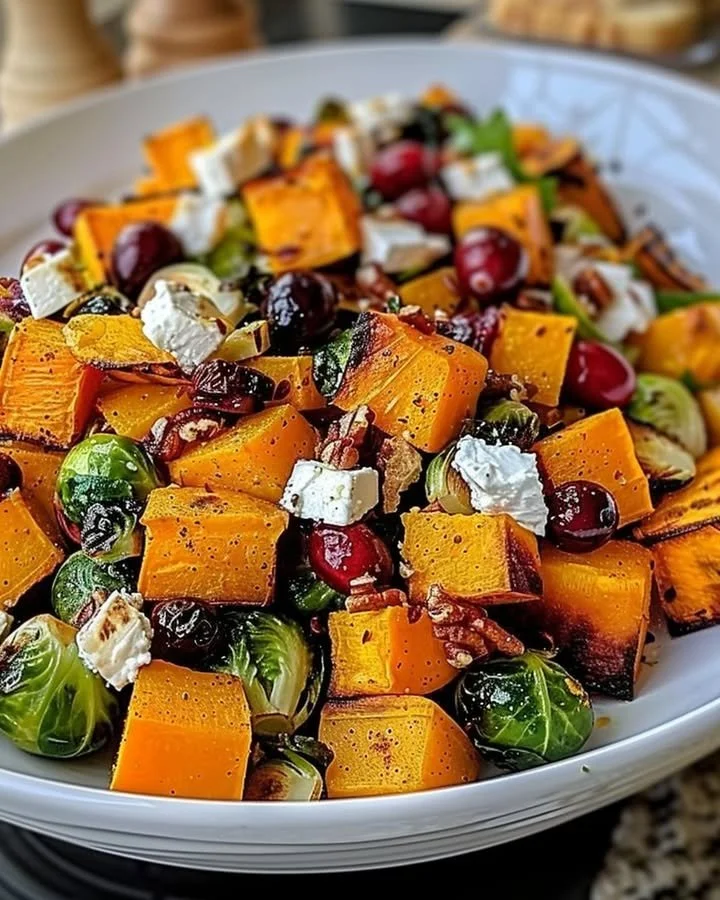 Cranberry-glazed roasted butternut squash salad in a vibrant bowl