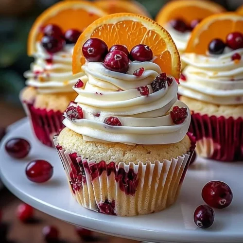 Cranberry orange white chocolate cupcakes decorated with festive frosting.