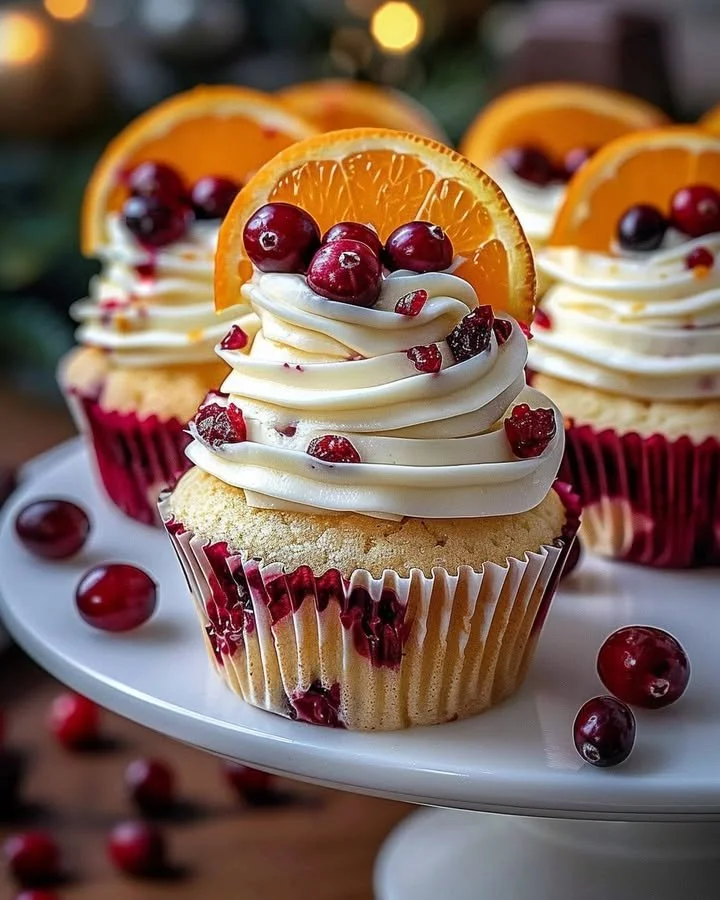 Cranberry orange white chocolate cupcakes decorated with festive frosting.