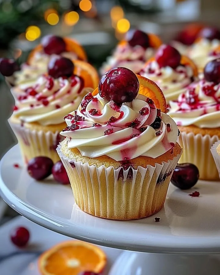 Cranberry Orange Cupcakes with white chocolate frosting on a rustic wooden table.