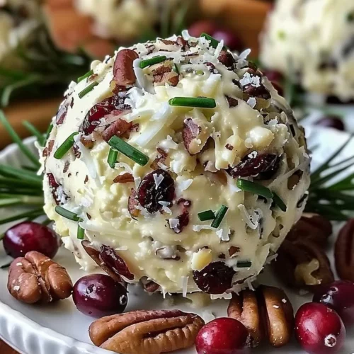 Cranberry pecan cheese ball served on a wooden platter with crackers.