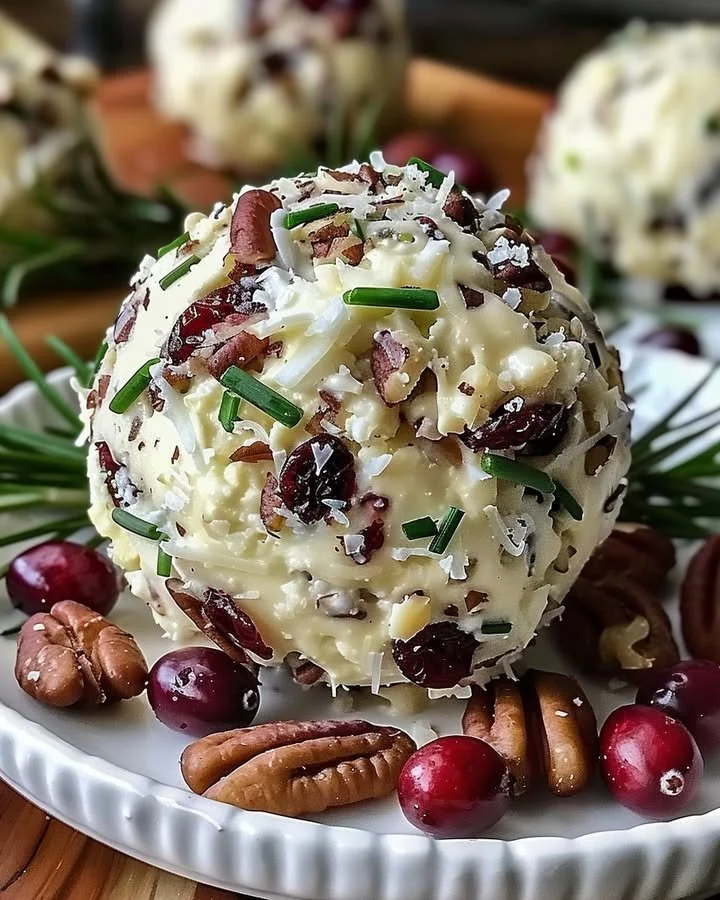 Cranberry pecan cheese ball served on a wooden platter with crackers.