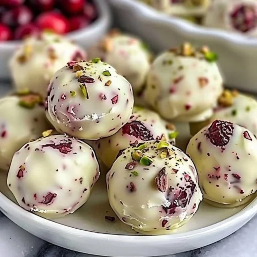 Cranberry pistachio white chocolate truffles on a decorative plate