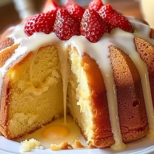 Slice of cream cheese pound cake on a plate with fresh berries