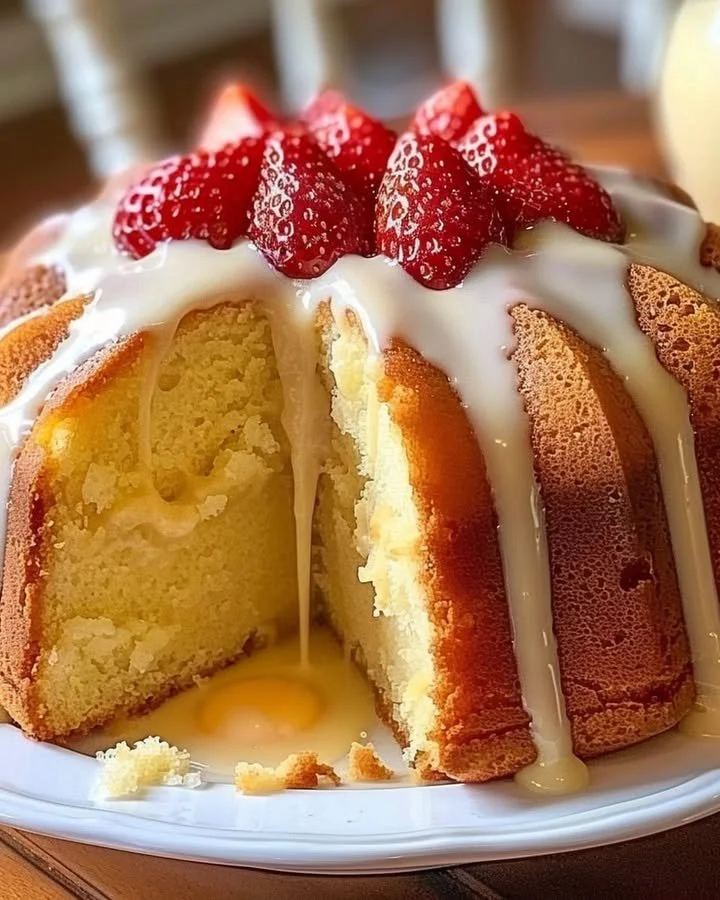 Slice of cream cheese pound cake on a plate with fresh berries
