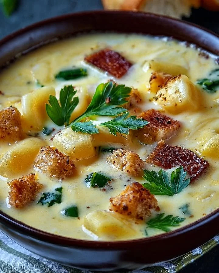 Bowl of creamy Alfredo lasagna soup with cheese and herbs.