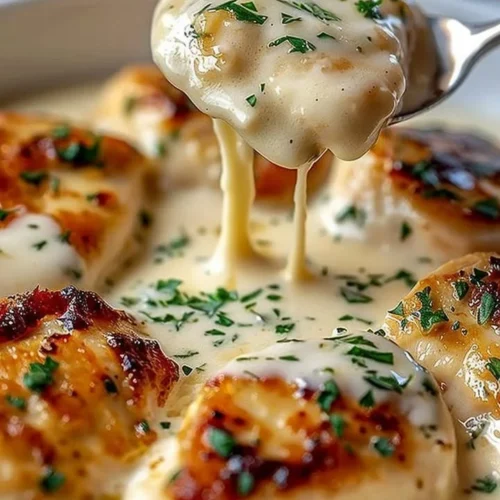 Delicious creamy Asiago chicken served on a white plate with herbs