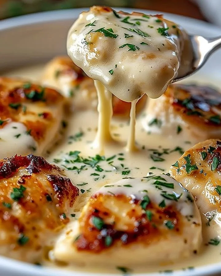 Delicious creamy Asiago chicken served on a white plate with herbs