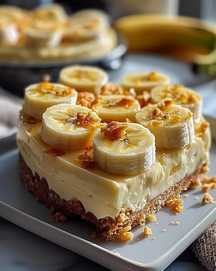 Delicious creamy banana cheesecake slice with banana topping