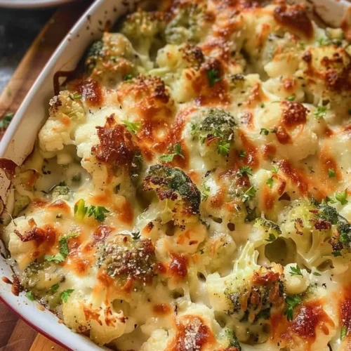 Creamy broccoli-cauliflower bake topped with cheese and herbs