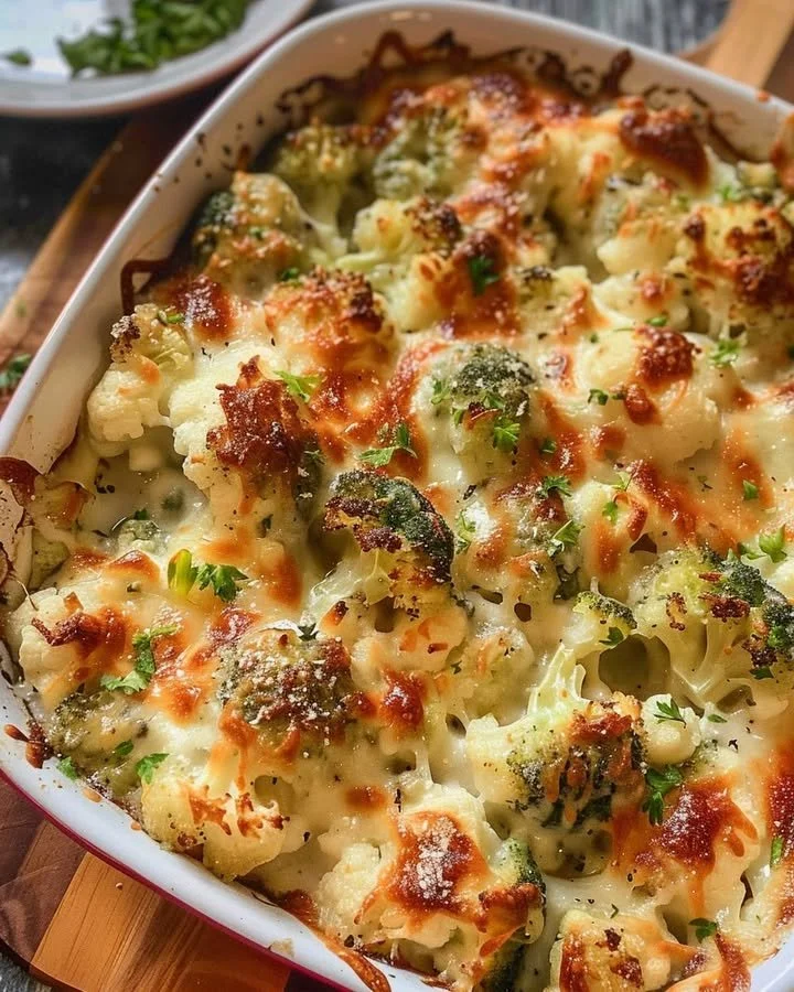 Creamy broccoli-cauliflower bake topped with cheese and herbs