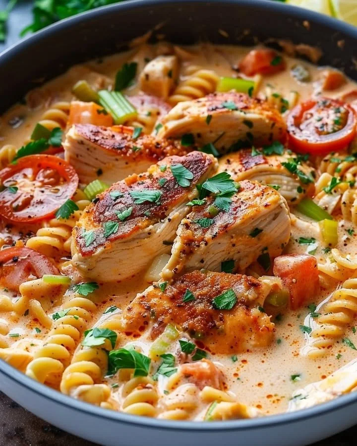 Creamy Cajun Chicken Pasta Delight served in a bowl with fresh herbs