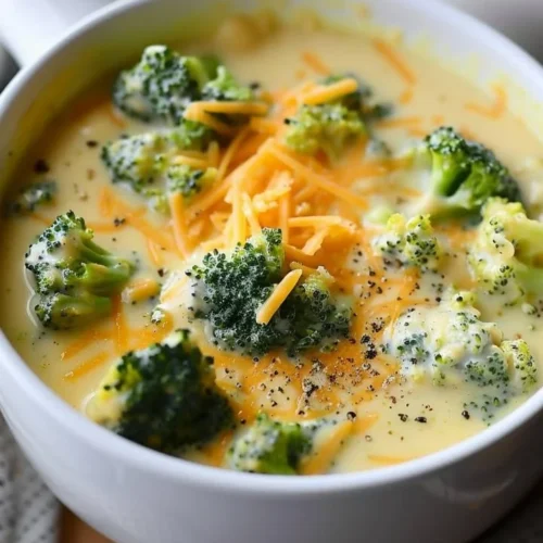 Creamy cheddar and broccoli soup in a bowl garnished with fresh herbs