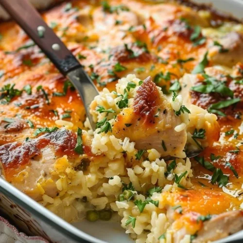 Creamy Chicken and Rice Bake topped with fresh herbs in a casserole dish
