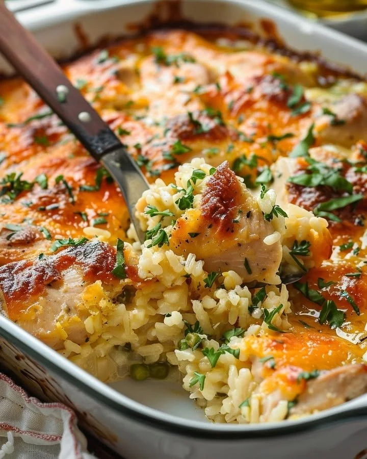 Creamy Chicken and Rice Bake topped with fresh herbs in a casserole dish