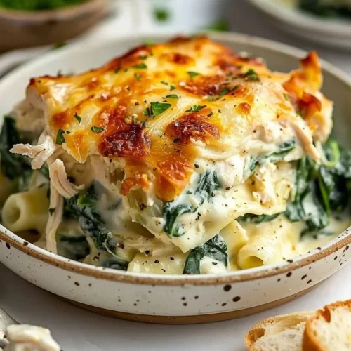 Creamy chicken and spinach casserole in a baking dish.