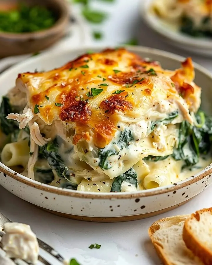 Creamy chicken and spinach casserole in a baking dish.